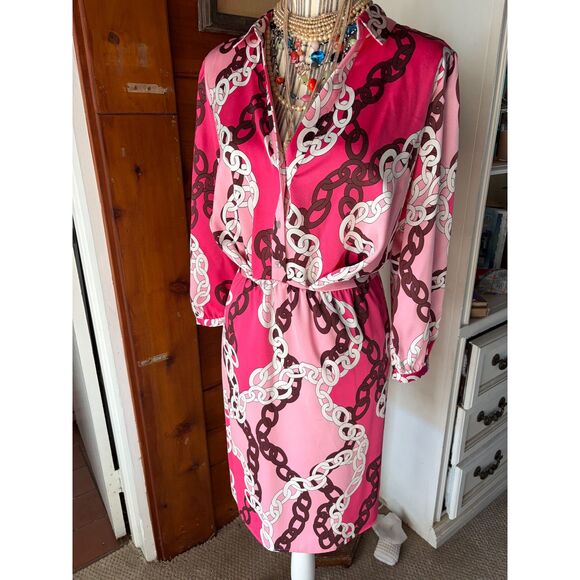 Pink 3/4 Sleeve Patterned Dress, UK Sizing XL Plus Size NWT - Picture 1 of 15